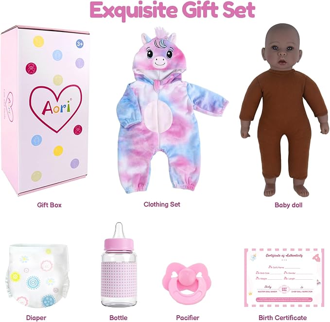 Aori 17 Inch Black Lifelike Baby Dolls Realistic Black Girl Doll with Soft Lightweight Body, Colorful Pony Outfit & Feeding Accessories, for Girls Age 3+