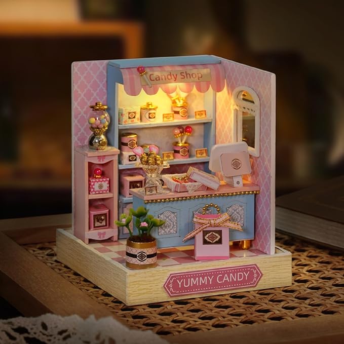 DIY Miniature Dollhouse Kits - Wooden Mini Model House with LED Lights, Tiny Furniture & Accessories – Craft Building Kits for Teens & Adults (Yummy Candy Shop) – Birthday Valentine's Gift