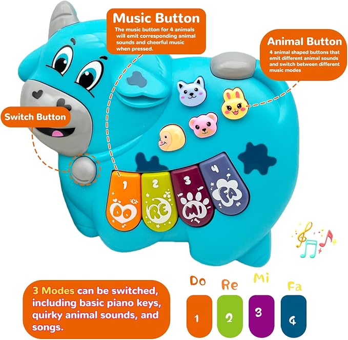 Baby Musical Toys Piano for 2 Year Old Girls Boys Toys Age 2 Light Up Music Learning Toys for Toddlers 3 Easter Gifts Infant Baby Toys 18 Month (Cow)