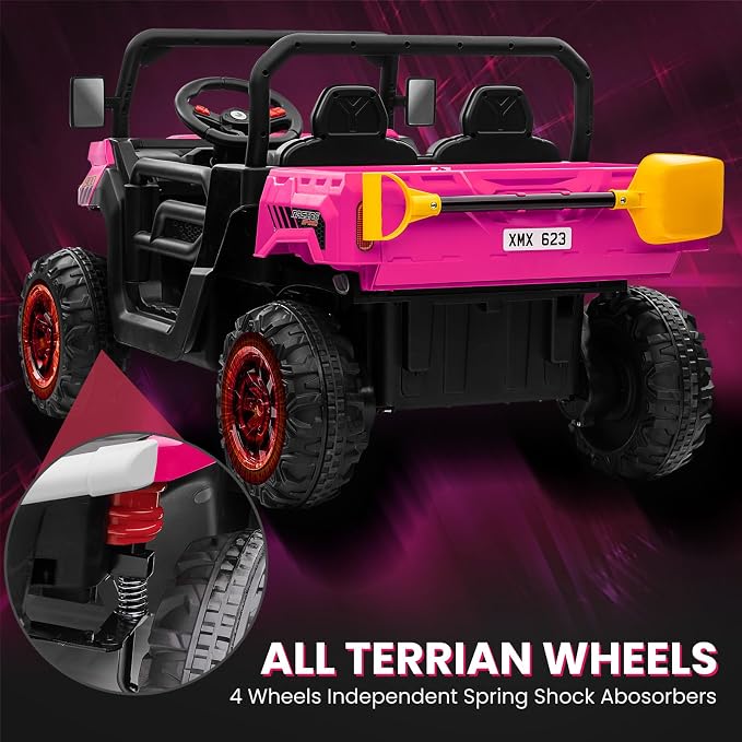 24V 4WD Ride on Truck Car w/4X200W Motor, Dump Bed, Gift Flower, 2 Seaters, Remote Control, 4 Wheeler, LED Light, Music, 24 Volt Ride on Toys for Big Kids Girls 3-8, Pink