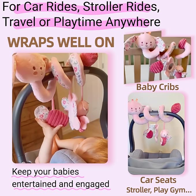 Baby Spiral Car Seat Toys for Babies 0-6 Months Girl, Stroller Hanging Stuffed Animal Carseat Crinkle Rabbit Toy 0-3-4-5-6-7-8-9-12 Month, Newborn Infant Toddler Birthday Gifts Set Bunny 3PCS
