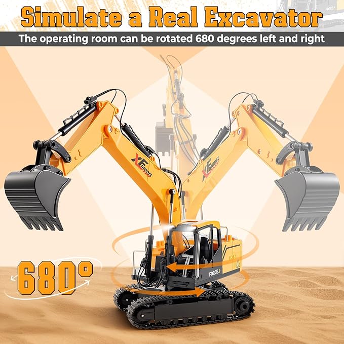 V-Opitos RC Excavator Toys for Boys Age 3, 4, 5, 6, 7, 8, 9, 10+ Years Old, 13CH Excavable Remote Control Construction Toys with Alloy Shovel/Lights/Sounds, Ideal Christmas Birthday Gifts for Kids