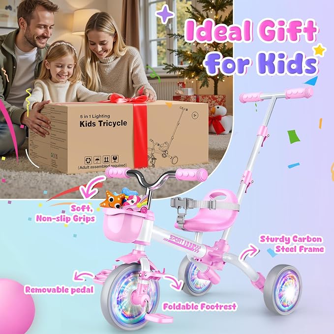 Kkdi 5 in 1 Toddler Bike for 1-5 Year Old, Tricycle with Push Handle, Convertible Baby Balance Bike, Bicycle, Color Light Wheel & Detachable Pedal, 4-Position Seat, Toddler Girl Birthday Gift, Toy