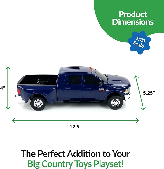 Big Country Toys Realistic Ram 3500 Mega Cab Dually Truck Toy & Trailer Hitch, 1:20 Scale Farm Toys for 3 Year Old Boys