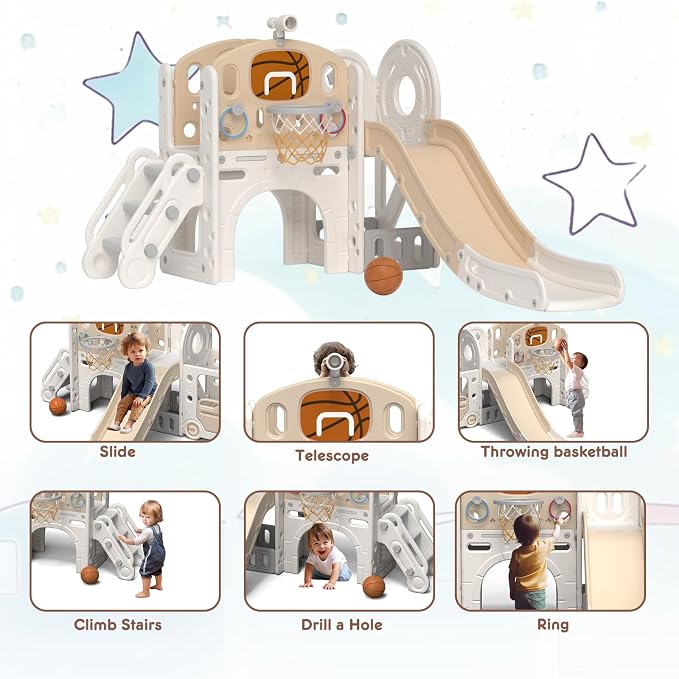 XJD 8 in 1 Toddler Slide Set, Kids Slide for Toddlers Age 1+, Climber Slide PlaySet with Basketball Hoop and Ball,Outdoor Indoor Playground for Toddlers 1-3 (Beige Coffee, 8 in 1)