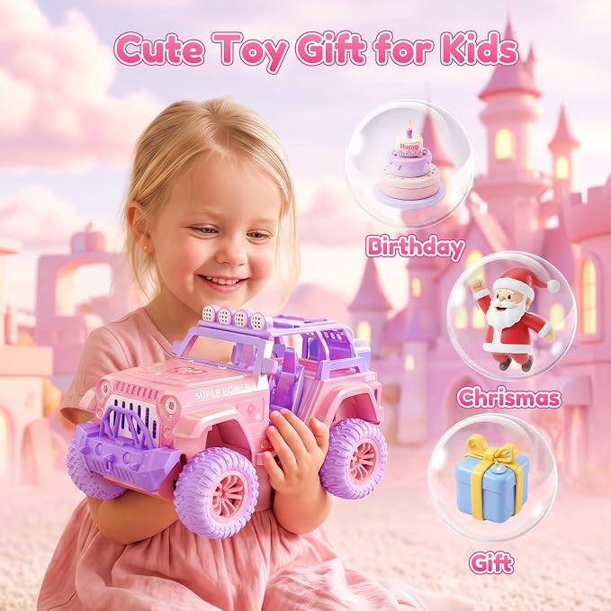 Remote Control Car for Girls with Spray and Sound, 2.4GHz All-Terrain Sparkling Pink RC Cars,Doll and Pet,Windmill,DIY Stickers,Rechargeable Battery,Toys Cars Birthday Gift for Girls Age 6-12