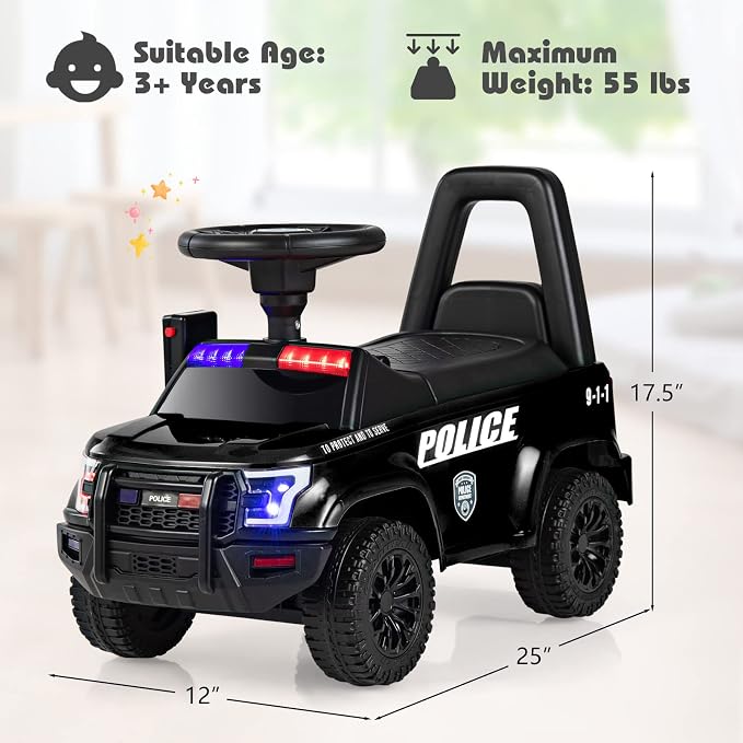 OLAKIDS Ride On Push Police Car, Toddler Foot-to-Floor Sliding Toy with Siren, Steering Wheel, Megaphone, Horn, Headlights, Under Seat Storage, Kids Racer Walking Gift for Boys Girls 1-3 (Black)