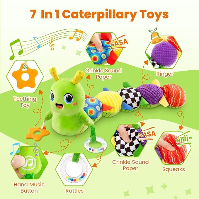 GoGonova Musical Caterpillar Baby Sensory Toy for Infant Development 0-12 Months – Tummy Time Crawler & Teether – Newborn Bath, Car Seat, Stroller & Bassinet Activity Toy & Gift(Green)