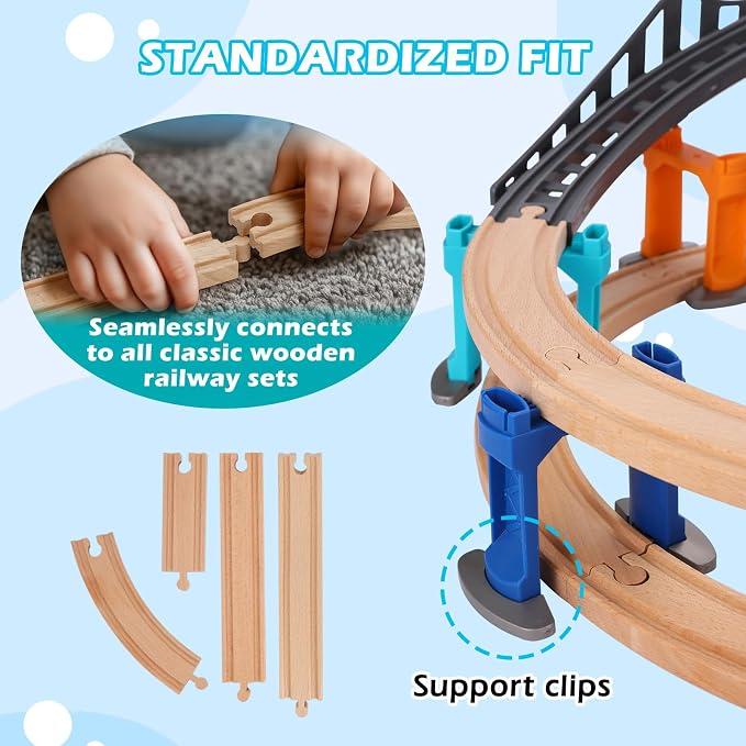 120Pcs Wooden Train Tracks Set, 398-inch Track Expansion, Toddler Railway Bridge Toy Train Set with Airplane and Magnetic Crane, Birthday Gifts for Boys and Girls, Compatible with All Major Brands
