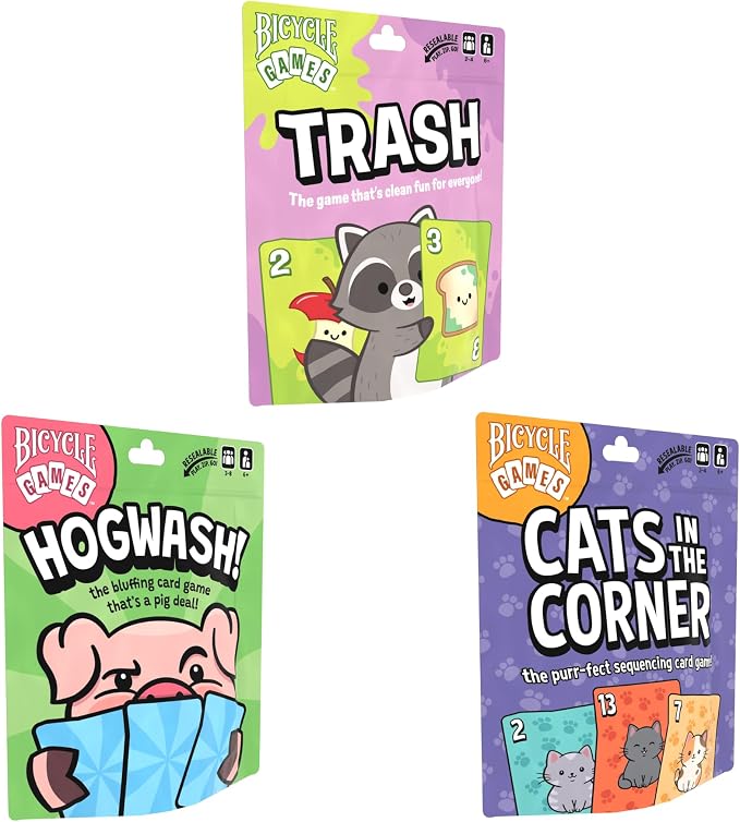 Bicycle Games Kids Collection x3- Hogwash, Trash, Cats in The Corner– Family-Friendly Strategy Card Game for Kids, Teens & Adults, Easy-to-Learn Gameplay, Fun Cat-Themed Game Night Activity