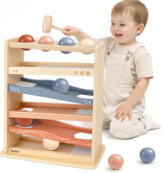 Vanplay Ball Drop Toys for One Year Old Boy Girls Birthday Gifts, Montessori Toys for 1 2 Year Old, Wooden Hammer Rolling Ball Toys for Toddlers 1-3, Cause and Effect Toys for Baby 12M+ First Gifts