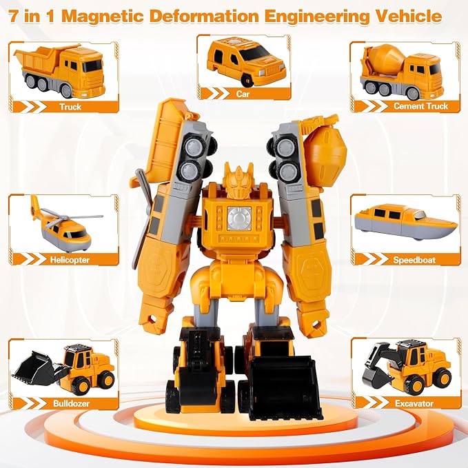 Magnetic Transform Engineering Car Assembled Toys, Construction Vehicles with Storage Box, 7 in 1 Robot Toys Set, Magnetic Blocks for Kids Age 3-8 Year Old Boy Gift, Outdoor Toddler Activities Toys
