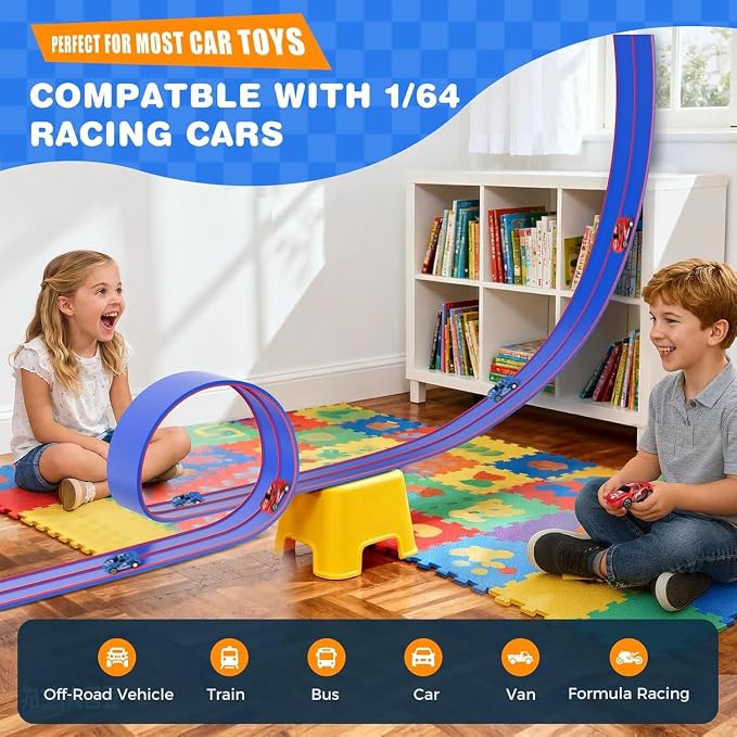 15 Ft Flexible Race Track for Kids, DIY Car Track Set with 2 Toy Cars & 3 Suction Cup Ramps, Easter Basket Stuffers for Teens & Boys Girls, Creative Easter Gifts for Kids, Blue & Red