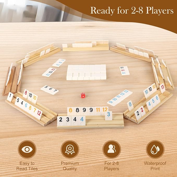 2-8 Players Games Gifts for Men Women Father Mother, Rummy Game Set, 214 Melamine Tiles, 8 Wooden Racks, Drawstring Bag, Premium Portable Case, Tile Board Games for Adults