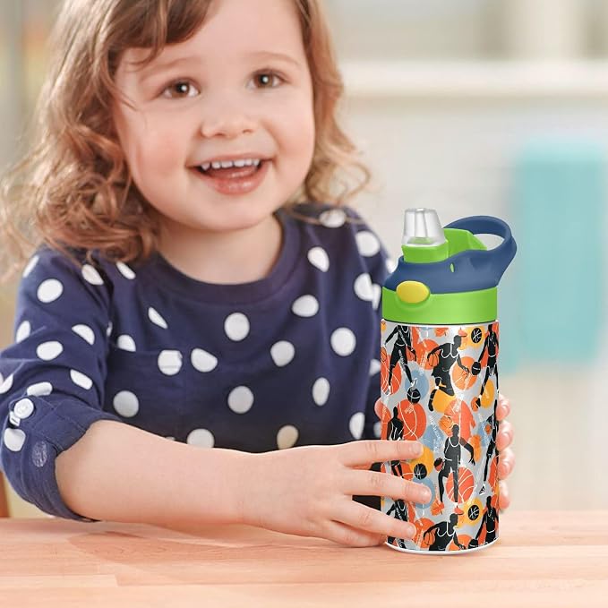 Basketball Game Player Sports Kids Water Bottle with Straw Lid Balck Ball Insulated Stainless Steel Reusable Tumbler for Boys Girls Toddlers 12 oz Green