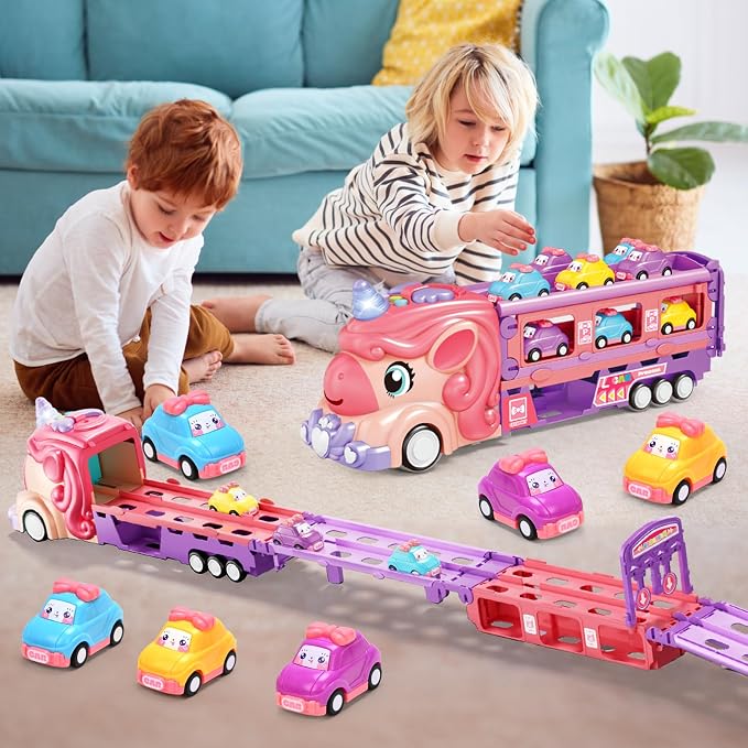 Car Toys for 3 4 5 6 7 Year Old Toddler Girl, Toys Truck & Foldable Race Track Car Toys with Light & Sound, Friction Power Car Toys for Kids Girls Age 3+