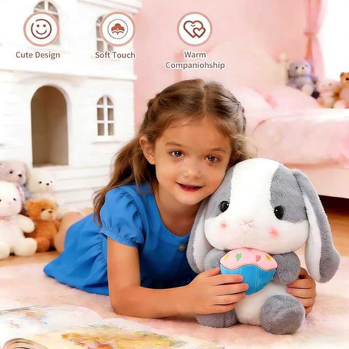 HOUPU Soft Toy - Sitting Lop Eared Rabbit, Easter White Rabbit Stuffed Bunny Animal with Carrot Soft Lovely Realistic Long-Eared Standing Pink Plush Toys (Ash White-Cake,8.6in/22cm)
