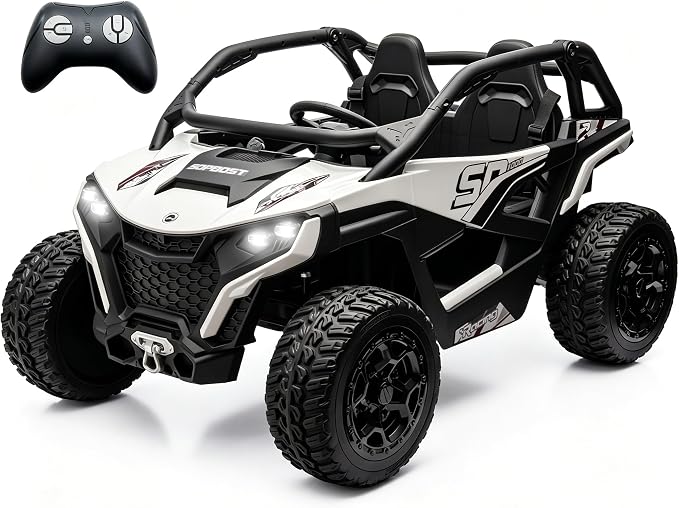 sopbost XL 24V Real 2 Seater Kids UTV Ride-On Car with Remote Control 4x4 4WD Electric Vehicle for Kids 3-8 to Drive, Bluetooth Music, 4 Spring Suspension, 21.85" Spacious Seat - White