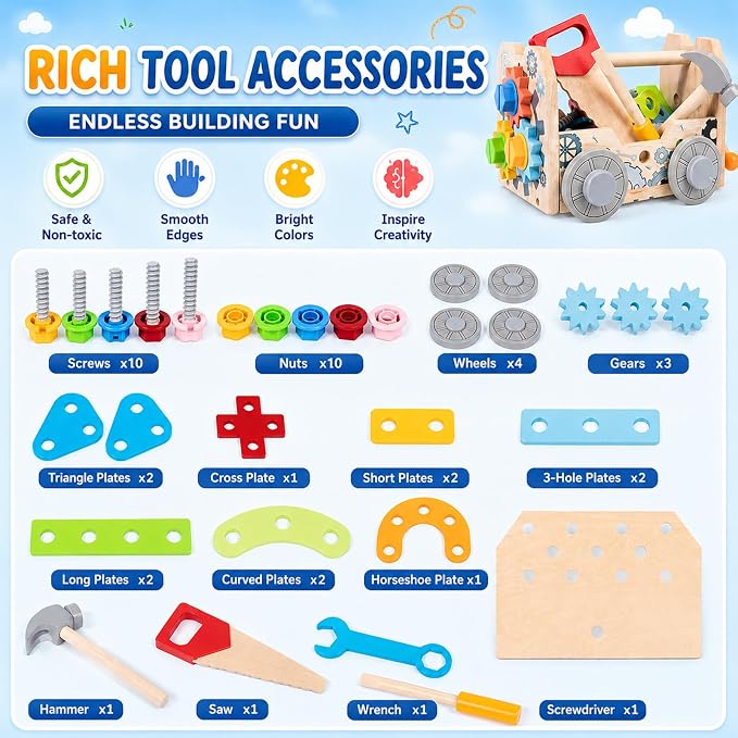 Kids Tool Set Toy, Wooden Building Tools Set with Hammer, Saw, Screwdriver, Gears, Montessori STEM Educational Construction Toy, Pretend Play Repair Tools for 3+ Year Old Boys & Girls, Birthday Gift
