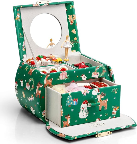 VLANDO Kids Musical Jewelry Box for Girls with Drawer, Music Box with Ballerina and Stickers for Birthday Bedroom Decor, Holidays Gifts for Girls Kids - Christmas Green