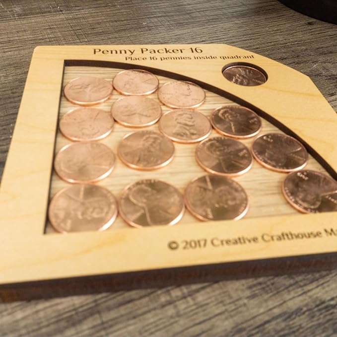 Creative Crafthouse Penny Packer 16 Wood Coin Packing Puzzle for Adults | All the pennies you need are included. Lay each piece flat to find the one solution. A desk and coffee table gift