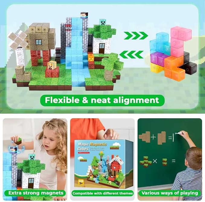 100PCS Magnetic Blocks Forest World Set - Build Mine Red House Waterfall Scene with Magnetic Cubes, STEM Educational Toys for Toddlers 3+, Creative Magnet Tiles Gifts for Boys & Girls