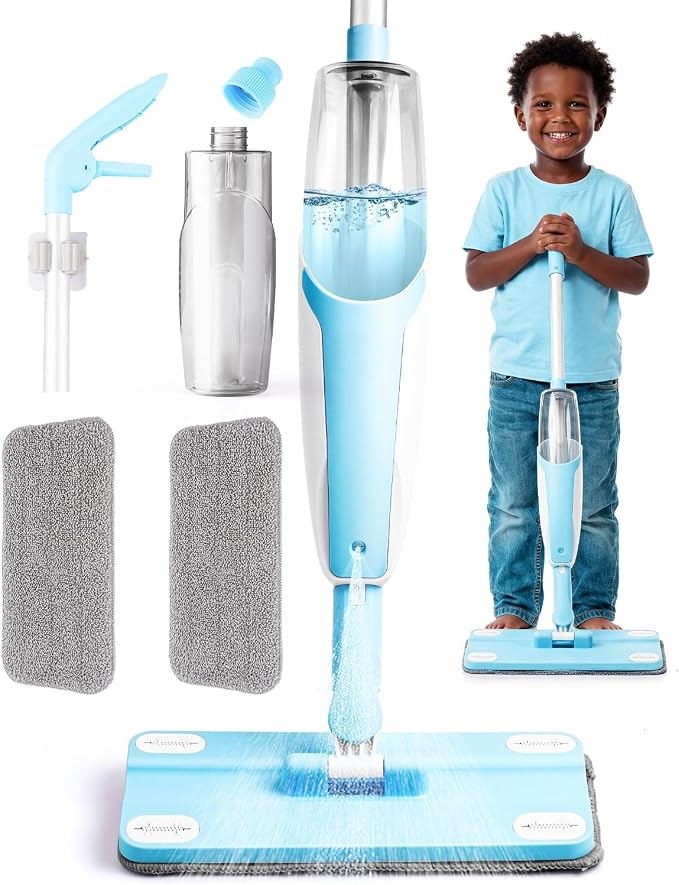 Kids Spray Mop, Blue Toddler Cleaning Set with Refillable Water Spray Tank, Lightweight Pretend Play Mop Toy for Boys Girls, Montessori Housekeeping Toy Gift