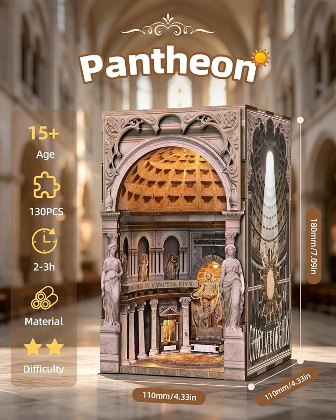 CCCDF DIY Dollhouse Kit | Ancient Roman Architecture Miniature Model with LED Light, Dust Cover, Moving Ceiling, 2-3 Hour Easy Assembly | Craft Gift for Adults Teens Home Decor (Pantheon)