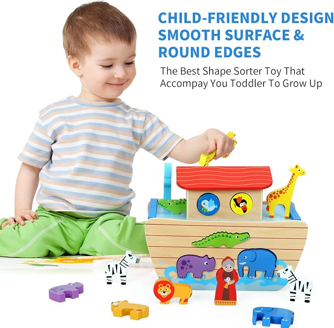 Wooden Noah's Ark Toy Animal Playset for Toddlers, Shape Sorter Early Learning Montessori Toys, Baptism Gifts for 1 2 3 Year Old Boys Girls