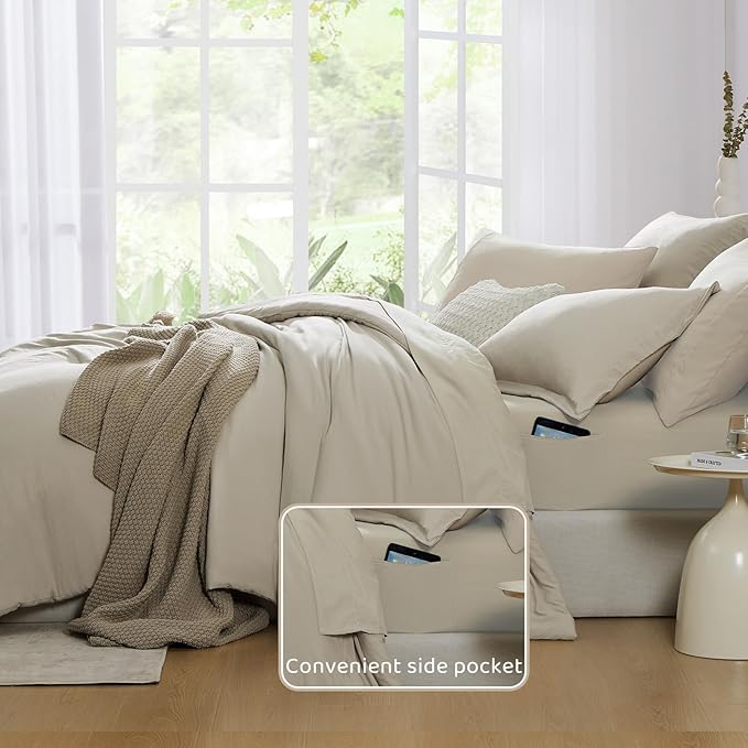 WRENSONGE Full Size Comforter Sets- 7 Pieces Soft Light Oatmeal Bed in a Bag with Fitted Sheet, Flat Sheet, 2 Pillow Shams, 2 Pillowcases, Warm Bedding Sets for All Season