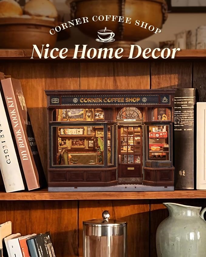 Cutefun Book Nook Kit - DIY Miniature Coffee Shop Booknook Kits for Adults and Teens, 3D Wooden Puzzle Bookend Bookshelf with LED Light, Creative Crafts Gifts for Book Lovers (Corner Coffee Shop)
