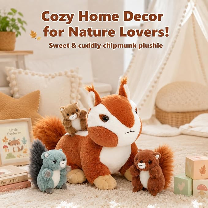 Tezituor Chipmunk Stuffed Animal, Soft Stuffed Squirrel for Kids,17.7" Squirrel Plush Toys Bulk,Realistic Mommy Chipmunks Plushie with 3 Babies for Christmas,Valentines,Easter,Birthday,Party Decor