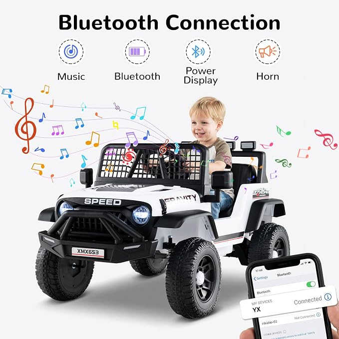 OLAKIDS 24V Ride on Car with Remote Control, Bluetooth, LED Lights, Horn, Spring Suspension, High/Low Speeds, Soft Start for Kids Aged 3+ (White)