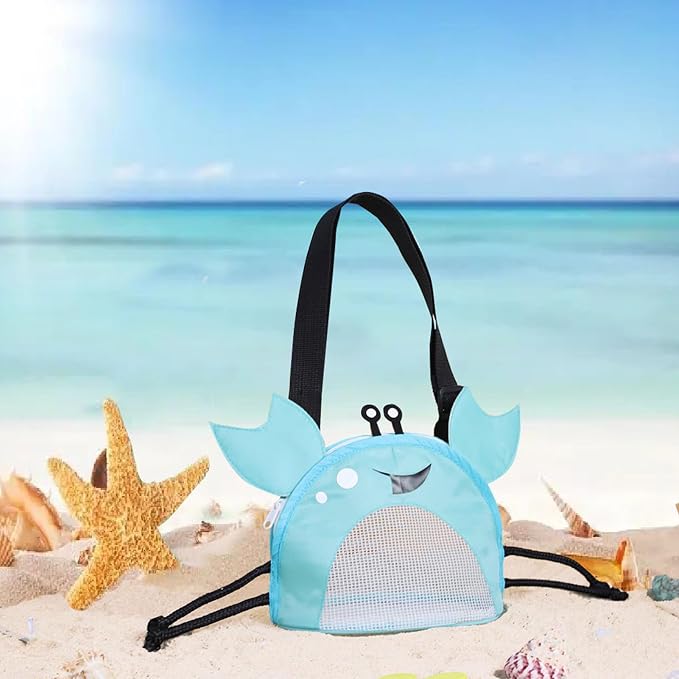 Kids Mesh Beach Bag, Cute Crab-Shaped Seashell Collecting Bag with Adjustable Strap for Holding Shell Beach Toy