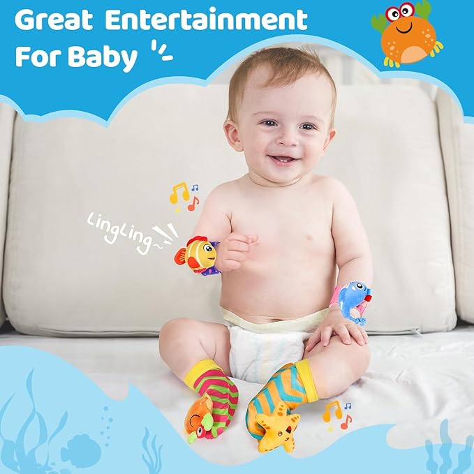 URMYWO Wrist Rattles for Baby - Rattle Socks - Foot Finder Set - Baby Toys for 0-12 Months Infant - Newborn Essentials - Early Learning Sensery Toys for Boy Girl as Shower Gifts