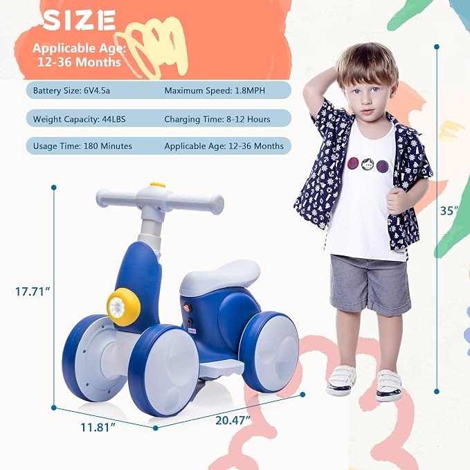 6V Electric Baby Balance Bike for 1 Year Old Boys Girls Ride on Toys 12-36 Months Toddler Balance Bike, 4 Wheels Kids First Bike with Remote Control First Birthday Gifts- Blue