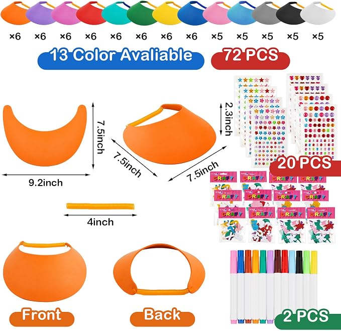 Outus 94 Pcs Assorted Craft Decorations with 72 Foam Visors for Kids, DIY Sun Visor Kit with Stickers & Markers for Arts & Crafts Activities (Classic Color)
