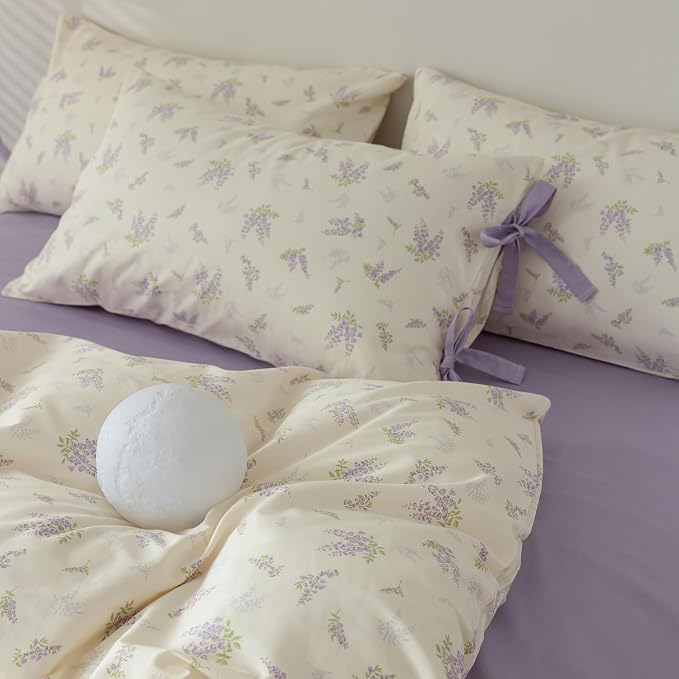 Queen Comforter Set White Purple Floral Bedding Comforter Garden Style Lilac Flower Comforter with 2 Bow Ties Pillowcases Fluffy Girls Floral Bedding Set Vintage Flower Botanical Comforter Set Queen