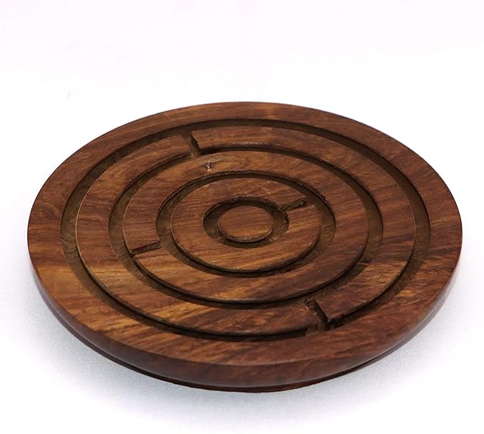 Ajuny Handcrafted Indian Wooden Round Labyrinth Ball Maze Puzzle Board Game Challenging Education Game, Brain Teaser for Kids, Adults