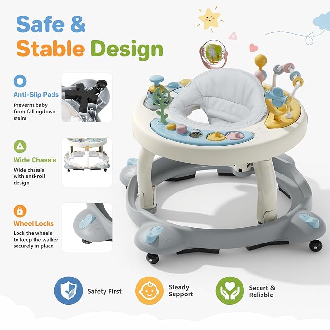 Baby Walker with Wheels, Foldable Baby Walker for Baby 6-12 Months, 3-Position Rotating Seat with Interactive Activity Center, Music Buttons, Baby Walkers for Boys Girls(Blue)