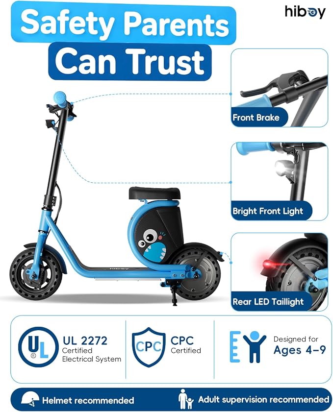 Hiboy JoyHaul Electric Scooter for Kids Ages 4-9, with Seat, UL 2272 Certified, 100W Motor, 5 Miles Range, 9.3 MPH, LED Lights, Under-Seat Storage & Front Brake