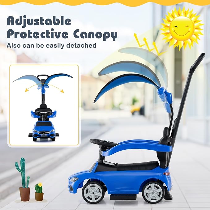 Costzon Push Car for Toddlers, 3 in 1 Mercedes Benz Stroller Sliding Walking Car w/Canopy, Handle, Safety Bar, Horn Sound, Underneath Storage, Foot-to-Floor Ride On Toy for Boys & Girls (Blue)