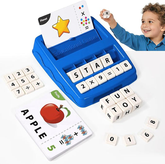2 in 1 Kids Educational Toys, Spelling & Math Learning Game with Flash Cards Letter Cubes Number Blocks Matching Tray, Montessori Preschool Learning Toys for Toddlers Ages 3-8 Boys Girls