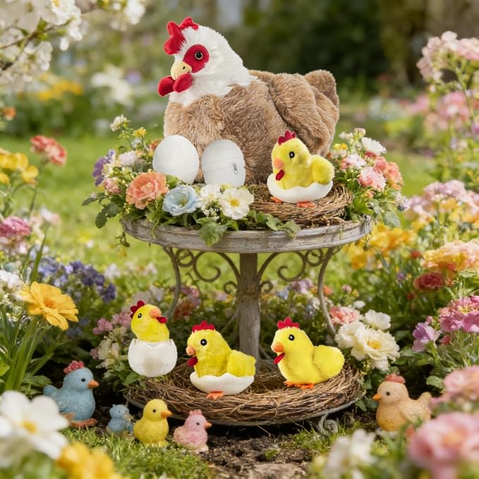 Youthfuljive 9 in 1 Chicken Stuffed Animal Set, Stuffed Chicken Plush Toy Egg Laying Hen with Zipper and Baby Chicks Plush Chickens Eggs and Coop Chicken Toys for Kids Girls Boys Birthday