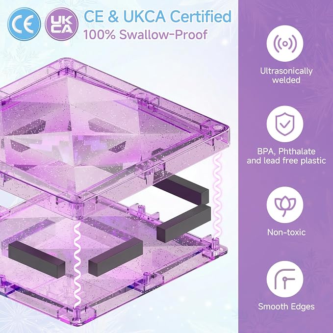 burgkidz Magnetic Travel Tiles for Kids 3-8: 42PCS Large & Small Ice Blue Purple Glitter Blocks – 2-in-1 Storage & Base – 90+ Min Quiet Play, 300+ Builds, 30s Cleanup – Car & Plane Toys for Girls