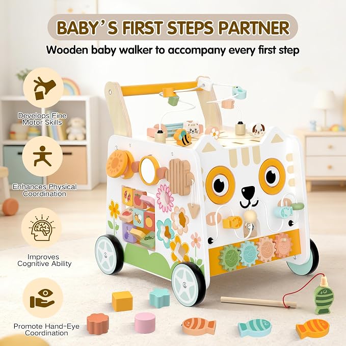 Weilim Wooden Baby Push Walker with Activity Center, Montessori Toy 12M+ | 16-in-1 Bead Maze Shape Sorter Xylophone, Height Adjustable, Non-Slip Wheels, BPA-Free Wood, Toddler Gift for Boys Girls