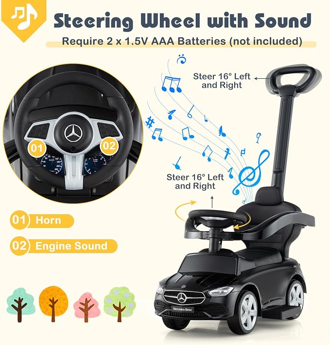 Costzon Push Car for Toddlers, 3 in 1 Mercedes Benz Stroller Sliding Walking Car w/Canopy, Handle, Safety Bar, Horn Sound, Underneath Storage, Foot-to-Floor Ride On Toy for Boys & Girls (Black)