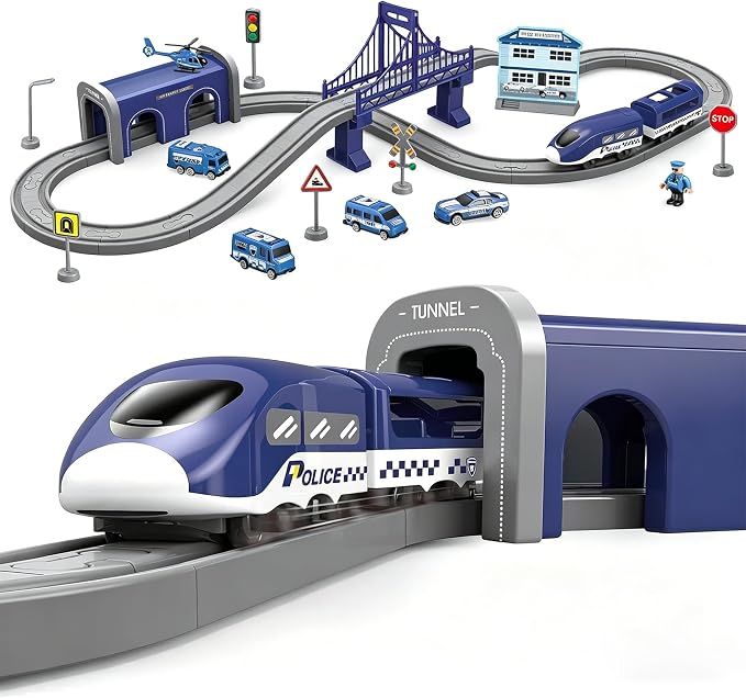 Wdmiya Train Sets for Toddlers, 66 Pcs Trains Toy with Battery Operated & Tracks (Magnetic Connection), Compatible with Thomas, Brio, Christmas Toy Gifts for 3 4 5 6 7 8 Years Old (Police)