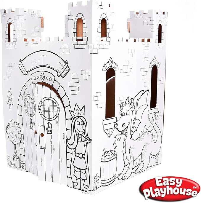 Easy Playhouse Fairy Tale Castle - Kids Art and Craft for Indoor and Outdoor Fun, Color, Draw, Doodle – Decorate and Personalize a Cardboard Fort, 32" X 32" X 43. 5" - Made in USA, Age 3+, White