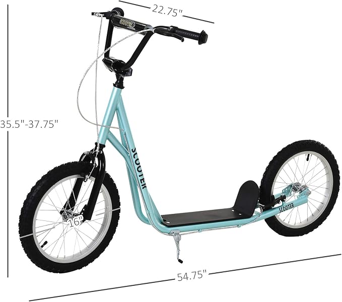 Aosom Youth Scooter Kick Scooter for Kids 5+, Max Load 220 LBS., with Adjustable Handlebar, 16" Inflatable Wheels, Dual Brakes